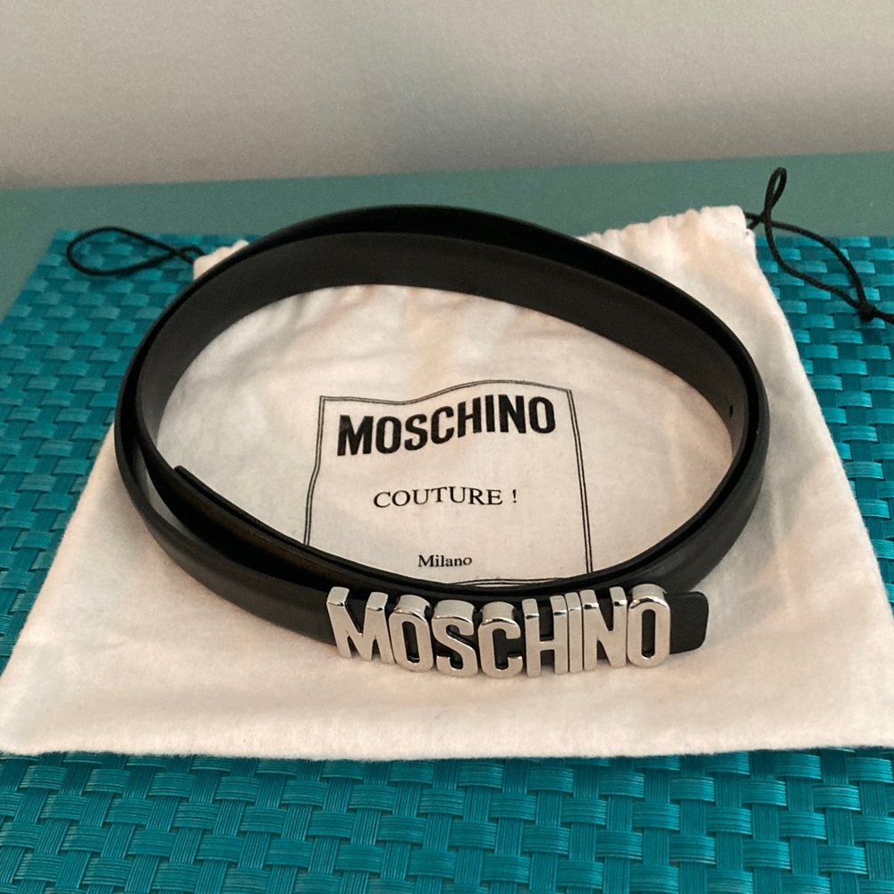 Moschino Black Leather Belt w/ Silver-Tone Logo Buckle Women Sz 46 Made in Italy